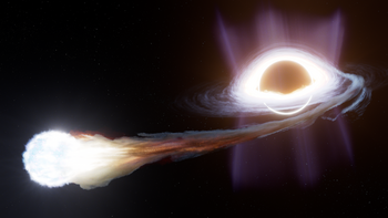 A conceptual image illustrating the tidal disruption of a Pop III star and its subsequent feeding of a massive black hole in the early universe. (Image credit: Space Telescope Science Institute/Ralf Crawford)